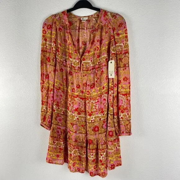 Billabong Mini Dress Hearts Desire Multicolor Floral Long Sleeve V‎ Neck Size XS - Picture 10 of 11